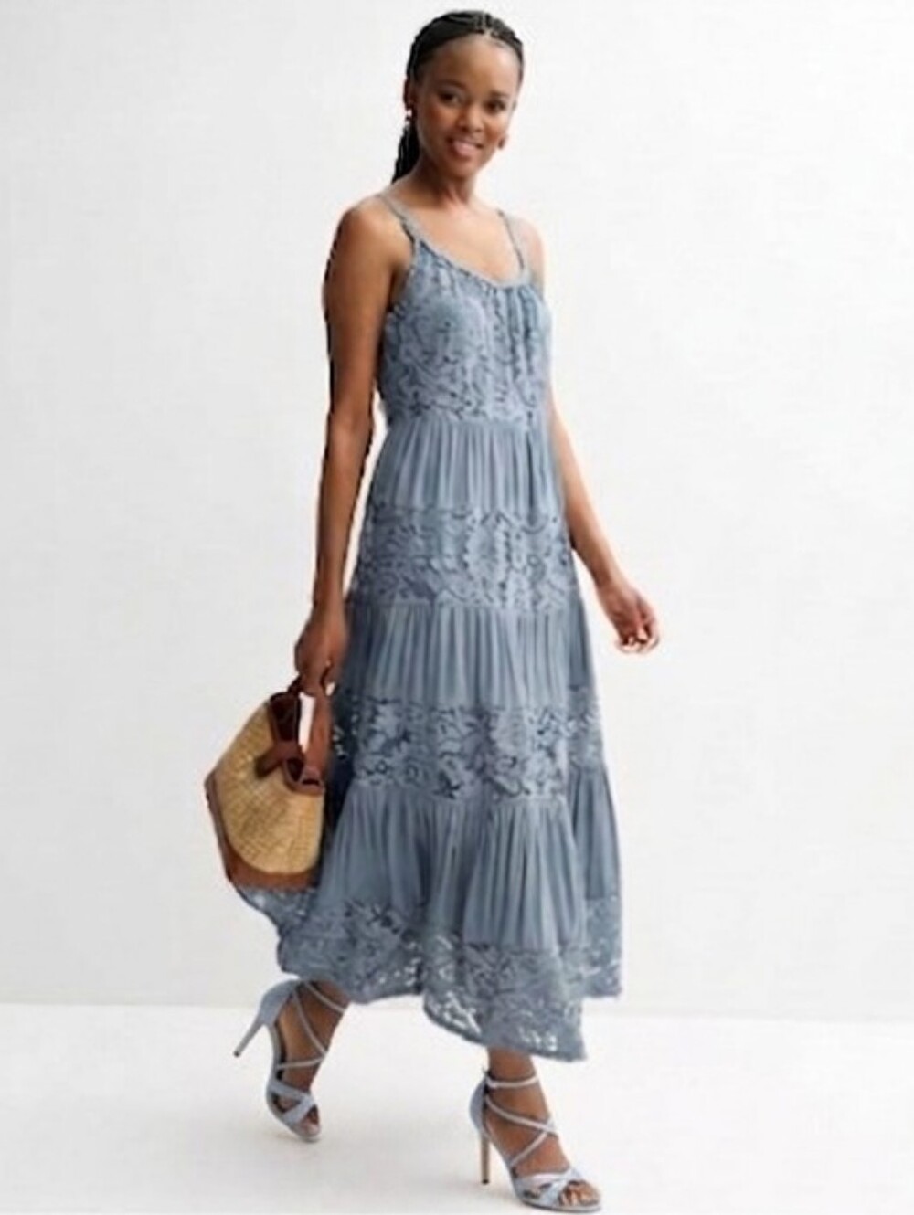NWT Signature Cotton Blend Tiered Lace Detail Sleeveless Maxi Dress Size M Blue